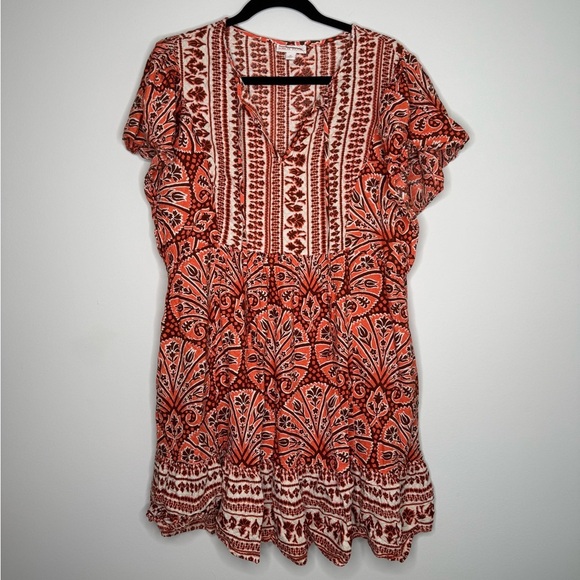 Knox Rose Ruffle Short-Sleeve A-Line Dress in orange, brown, and white paisley - Picture 2 of 8